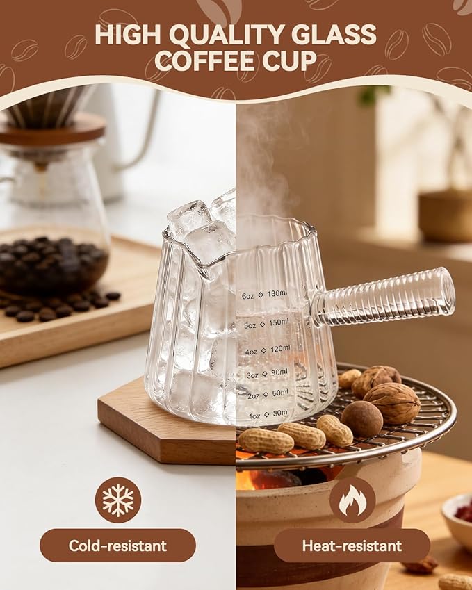 6OZ Glass Measuring Cup - 180ml Borosilicate Glass Espresso Shot Glass with Glass Handle, V-Shaped Spout for Milk Frothing, Espresso Accessories for Machine, Dishwasher Safe