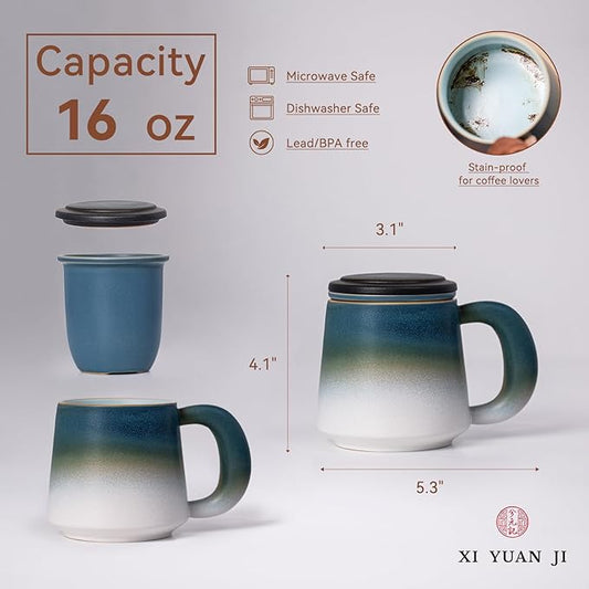 Ceramic Tea Mug with Infuser & Lid, 16oz Kiln-Transformed Unique Cup – Nature's Artisan Design, Loose Leaf Tea Cup with Infuser, Insulated Ceramic Coffee Mugs with Lid, Gift for Women/Men