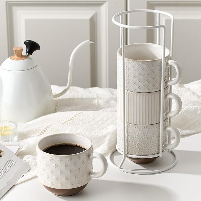 JH JIEMEI HOME Large Ceramic Coffee Mug Set of 4 with Stand, 15 Oz Stackable Different Embossment Ribbed Latte Cup Set for Cappuccino, Tea, Hot Cocoa, Drinks - Dishwasher & Microwave Safe, Off White