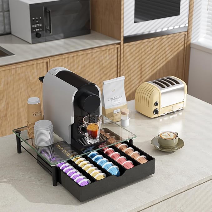 gianotter Crystal Tempered Glass Vertuo Pod Holder Drawer, Compatible with Nespresso Vertuo Capsules, Compatible with 40 Large or 60 Small Nespresso Capsule Organizer (transparent)
