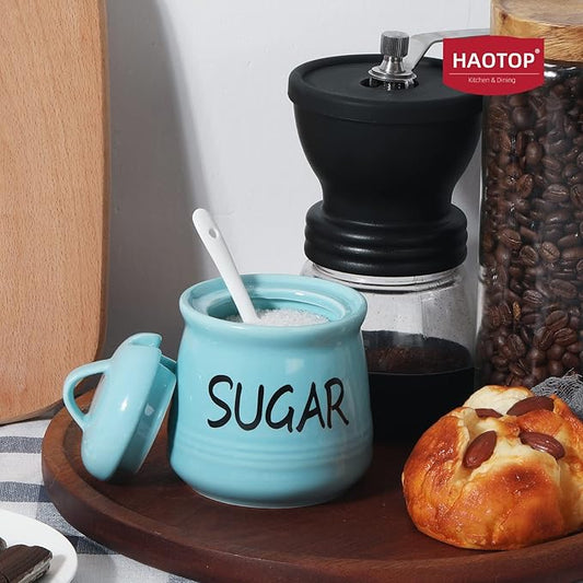 HAOTOP Porcelain Sugar Bowl with Lid and Spoon 12oz (Turquoise)
