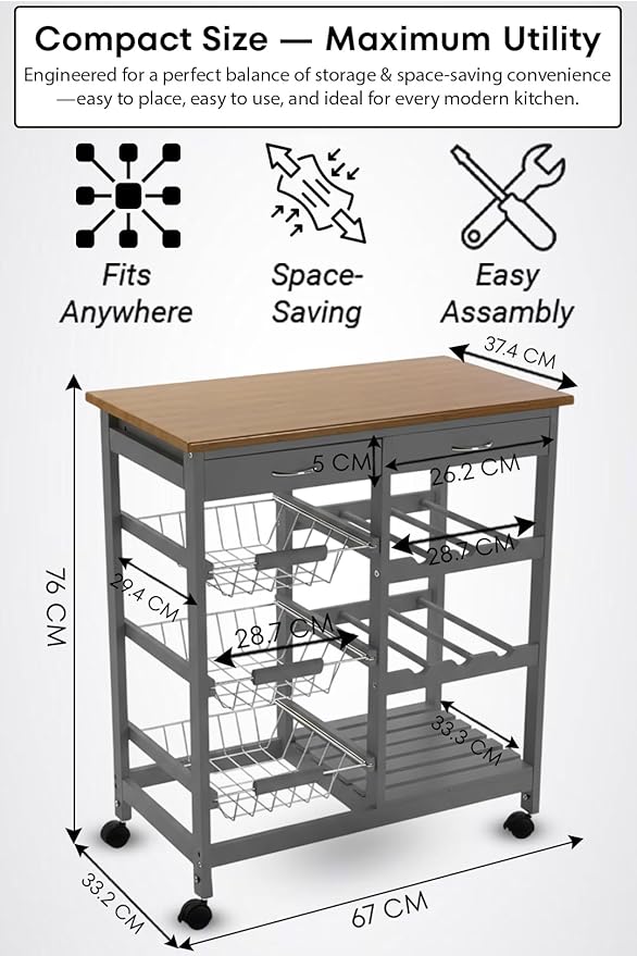 Kitchen Island Cart with Drawers, Lockable Wheels - Rolling Serving Utility Trolley - Mobile Countertop Open Shelf Storage Cabinet Basket for Dining Room, Coffee Bar (Grey)