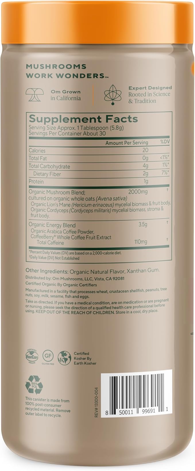 OM MUSHROOM SUPERFOOD Coffee Latte Blend – Functional Mushroom Powder with Lion’s Mane, Cordyceps, Reishi & Chaga – Energy, Focus & Mental Clarity Support – 8.47 oz Canister (30 Servings)