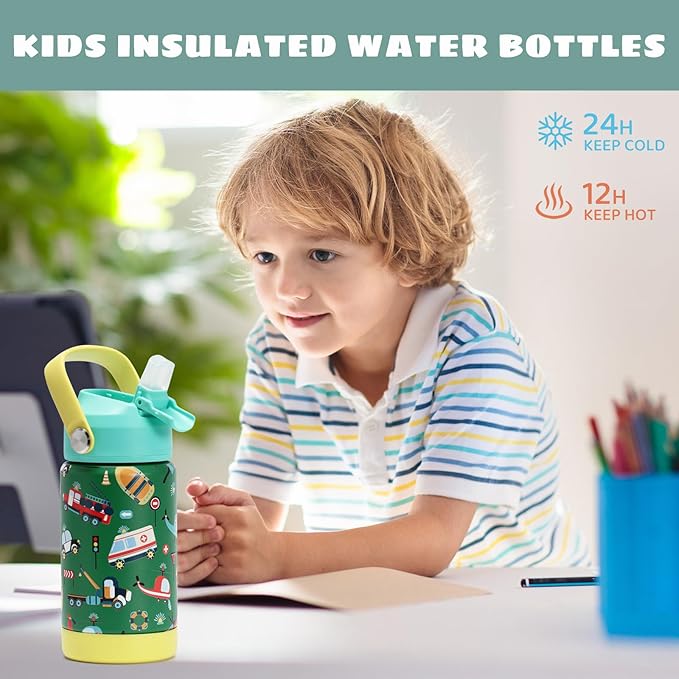 Kids Insulated Water Bottle with Straw Lid, 12 oz BPA-FREE Double Wall Vacuum Tumbler 18/8 Stainless Steel Leak Proof Kids Cups with Straw for School Travel Boys Girls (Car)