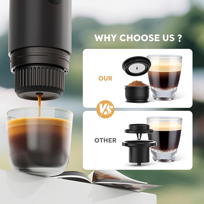 Portable 2-in-1 Coffee Maker, Portable 20 Bar Espresso Machine with Automatic Heating, Compatible with NS and Ground Coffee for Camping, Hiking Travel and Home (Black)