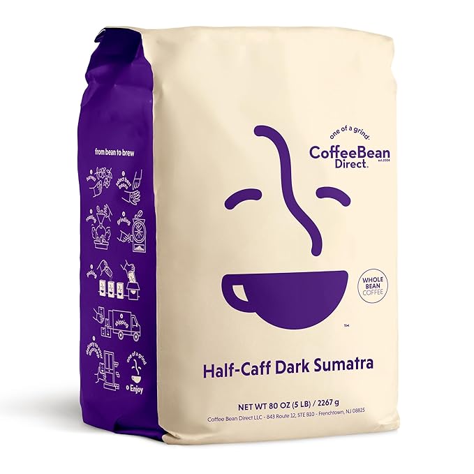 Coffee Bean Direct Half-Caff Dark Sumatra, Whole Bean Coffee, Dark Roast, 5 Pound Bag (Pack of 1)