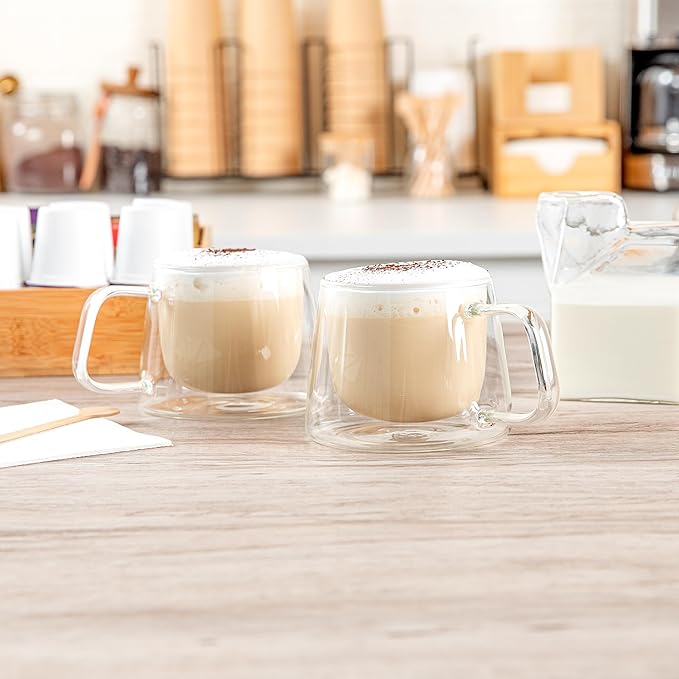 Restaurantware Glass Espresso Cups 12 Count 7 Ounces Borosilicate Double Wall Glass Coffee Mugs Insulated Clear Tea Drinkware for Hot or Cold Beverages