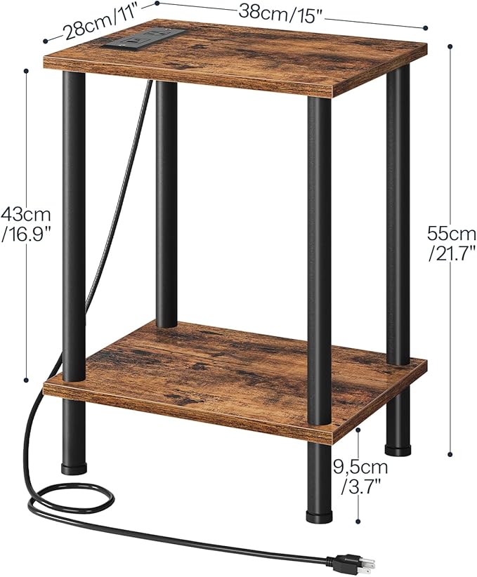 HOOBRO Side Table with Charging Station, Small End Table with USB Port and Outlet, Nightstand with 2-Layer Storage Shelves for Small Spaces, Living Room, Bedroom, Stable Frame, Rustic Brown BF09UBZ01