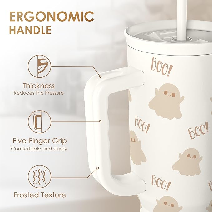 Boo Tumbler with Handle and Straw 40oz – Stainless Sleel Slider Tumbler Travel Coffee Mug for Women - Gift Idea for Fall Autumn Halloween Christmas