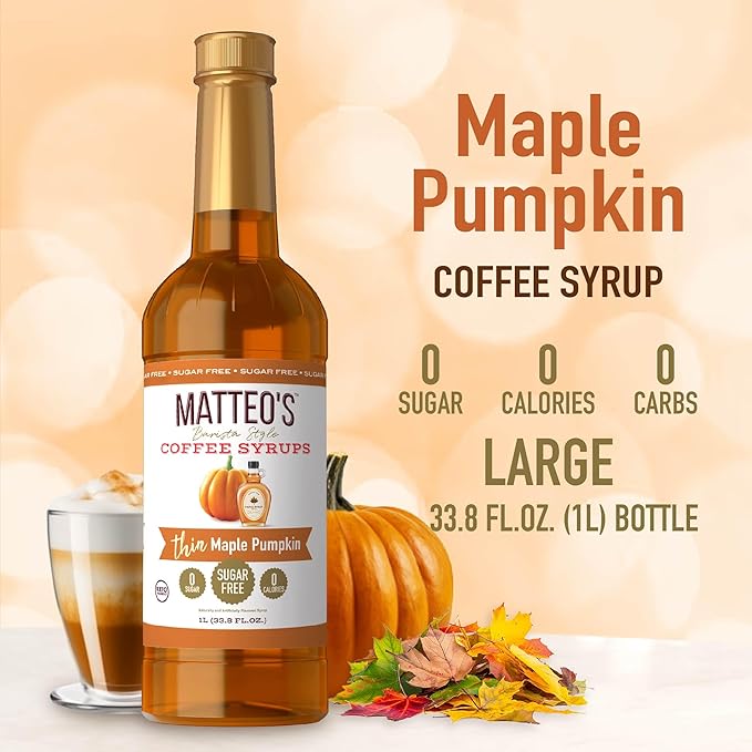 Matteo's Maple Pumpkin Syrup for Coffee, Lattes, Cappuccinos & Desserts – Sugar-Free Sweetener for Beverages, Keto Friendly, Zero Calories, Indulgent Flavor, Non-Alcoholic, 33.8oz (1pk)