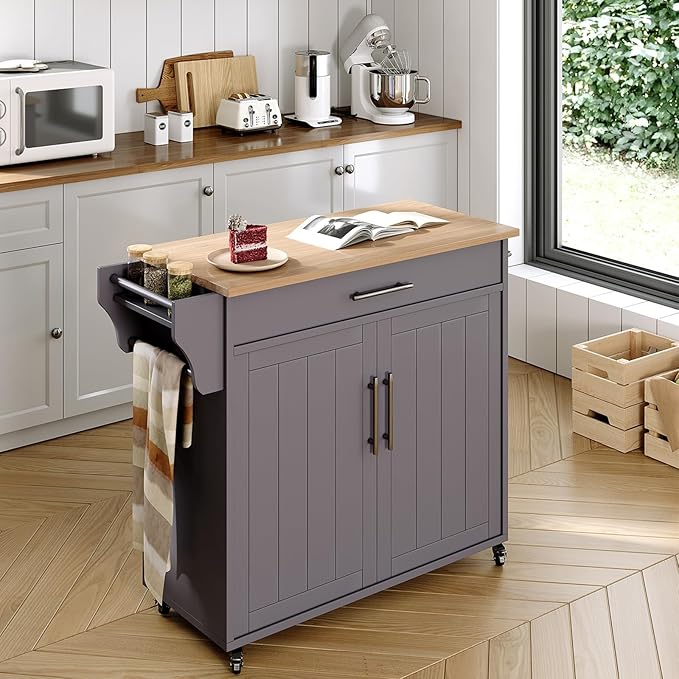 Wood Kitchen Island with Storage, Wooden Rolling Kitchen Island On Wheels with Countertop, Mobile Kitchen Island Cart with Towel Rack, Spice Rack, Adjustable Shelf and Drawers, Grey