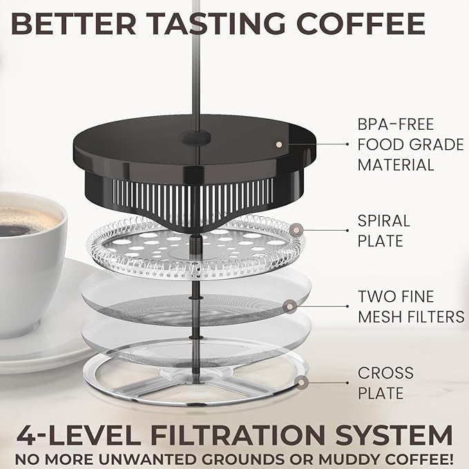Cafe Du Chateau Stainless Steel French Press Coffee Maker 34 oz - Easy to Use Insulated Coffee Press with 4-Level Filtration, Manual Brewer for Tea, Camping & Travel with BPA Free, Durable Clear Glass