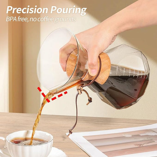 Pour Over Coffee Maker 34 OZ, 10 Cup Borosilicate Glass Drip Coffee Maker with Reusable Stainless Steel Filter and Cork Grip for Home Café 1000 ML (Diamond Shape)