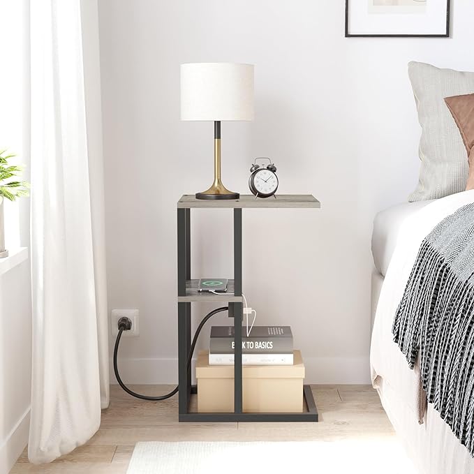TUTOTAK C Shaped End Table with Charging Station, Side Table for Small Spaces, Living Room, Bedroom V1TB01BG043
