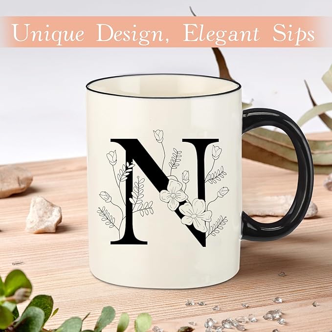 Monogram Ceramic Coffee Mugs, 11 oz Initial Drinking Cup with Gift Box, Unique Birthday Christmas Gifts for Women Wife Mothers Day Grandma Mom Aunt, N