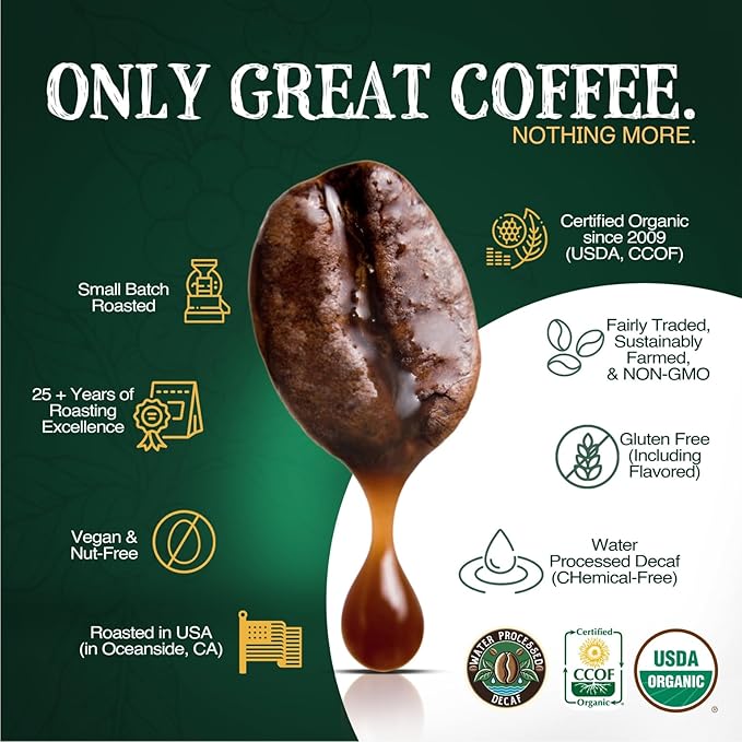 The Bean Organic Coffee Company Water Processed DECAF California Blend, Medium Roast, Ground Coffee, 16-Ounce Bags (Pack of 2), Café Molido Tostado Orgánico descafeinado