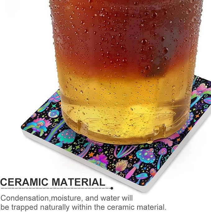 Square-6PCS Botanical Ceramic Coasters, Square Absorbent Drink Coasters, Psychedelic Fantasy Magic Colorful Trippy Botanical Mushrooms Ceramic Table Coasters for Coffee, Beverage, Wine, Beer Coasters