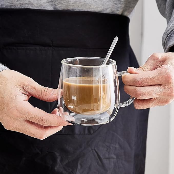 Double Wall Insulated Latte Glasses 10oz with Handle - Set of 4, Clear Glass Mugs for Cappuccino, Espresso, Tea & Hot Drinks