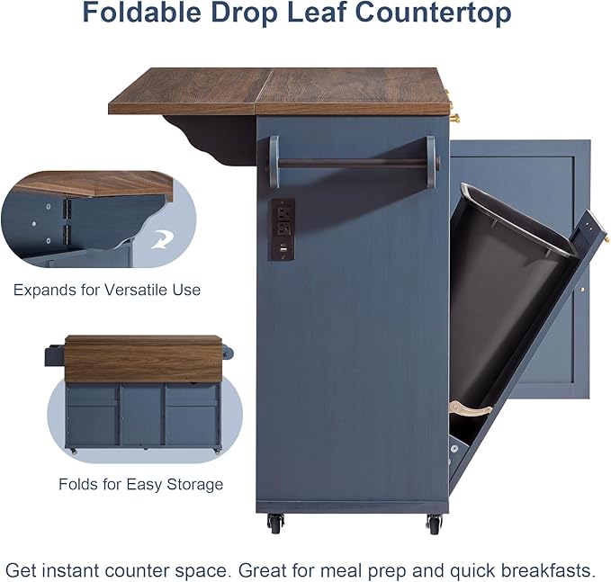Okvnbjk 57" Kitchen Island with Storage & Drop Leaf — Kitchen Rolling Island with Trash Can Storage Cabinet, Large Mobile Island Cart on Wheels with Power Outlet, Spice & Towel Rack, Navy Blue
