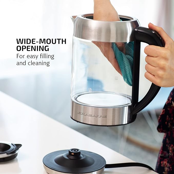 OVENTE Electric Kettle with 1.7L Borosilicate Glass, 1500W Instant Water Boiler and Heater for Coffee or Tea, BPA Free, Easy to Fill Lid, Auto Shut-Off and Boil Dry Protection, Silver KG612S