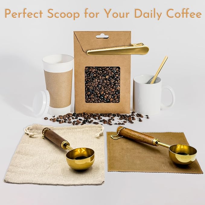 Gold Coffee Scoop with Wooden Handle, 2 Tablespoon / 30 ml, 304 Stainless Steel Measuring Spoon for Ground Coffee, Espresso, Tea, Protein Powder, Spices (6 Pack Set)