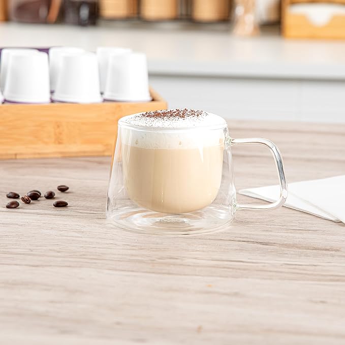 Restaurantware Glass Espresso Cups 12 Count 7 Ounces Borosilicate Double Wall Glass Coffee Mugs Insulated Clear Tea Drinkware for Hot or Cold Beverages