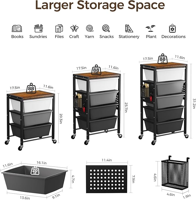 Rolling Cart with 5 Drawers, Plastic Drawer Storage Carts with Wheels & Wooden Tabletop, Metal Utility Cart with Pegboards, Office Living Room Classroom Craft Organization and Storage, Dark Black