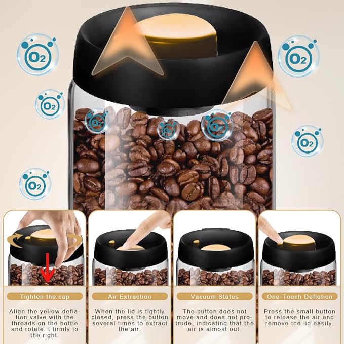 2PCS Vacuum Coffee Canisters with Airtight Lids and Wooden Spoons for Coffee, Borosilicate Glass Mason Jars Vacuum Sealer Kit, Grounds Coffee Bar Accessories for Tea, Beans, Spices, Sugar, 1200ml