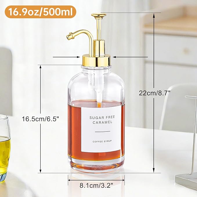 Coffee Syrup Dispenser, Coffee Bar Accessories 16.9 oz 500 ml - 2 Pack Glass Bottles with Pumps and Labels for Cafe or Home Bar, Kitchen(Gold Pump)