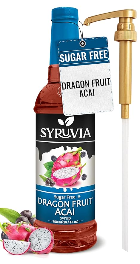 Syruvia Sugar-Free Dragon Fruit Acai Syrup, Flavored Syrup for Drinks, Cocktails, Lemonades, Iced Teas, and Desserts – 25.4 fl oz, With Pump