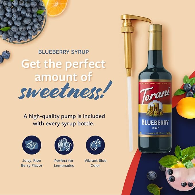 Torani Blueberry Syrup for Drinks, Flavoring for Iced Tea, Lemonade, Sodas, and Cocktails, Glass Bottle with Pump Included, 25.4 Fl Oz