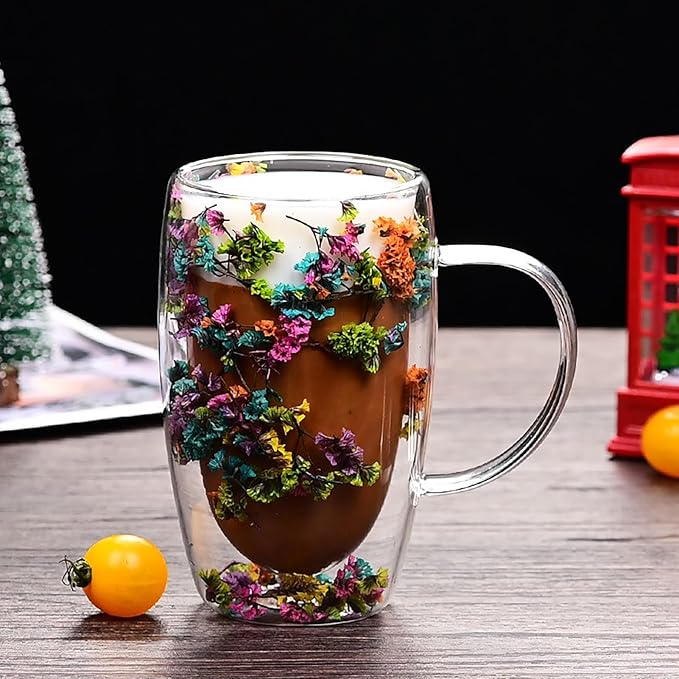 Double Wall Coffee Mugs, 5.71 IN Insulated Glass Coffee Mugs with Handle Aesthetic Dried Flowers Cups with Handles Clear Glass Cups Large Coffee Mug for Hot Drinks Tea (C)
