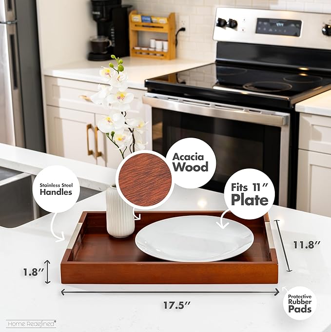 Acacia Wood Serving Tray with Silver Stainless Steel Metal Handles, 17.5x12 Food Drinks Tray for Coffee Table, Breakfast, Dinner & Bar, Decorative Storage Tray for Ottoman, Kitchen, by Home Redefined