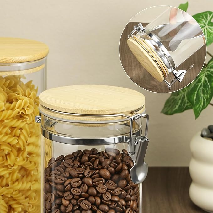 QWORK Clear Borosilicate Glass Storage Jar with Airtight Bamboo Lid & Locking Clamp, 40oz / 1200ml Kitchen Canister for Coffee Beans, Loose Tea, Sugar, Flour, Nuts, Thickened Sealed Container