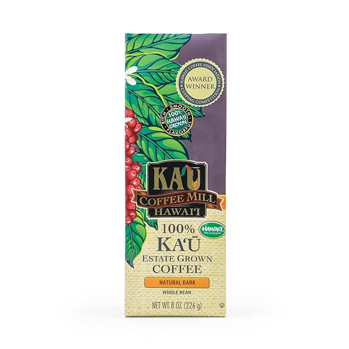 Ka'u Coffee Mill Natural Dark Roast Whole Bean Coffee - Fruit, Spice, Cocoa & Molasses Notes - Handpicked & Naturally Processed Hawaii Grown Arabica Beans - Gourmet Premium Small Batch - 8oz