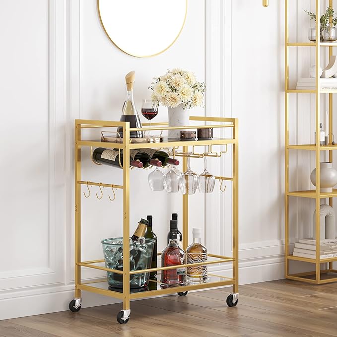 TUTOTAK Bar Cart, Serving Cart for Home, Drink Cart, Mobile Kitchen Shelf with Wine Rack and Glass Holder, Rolling Beverage Cart, Gold BC01BB031