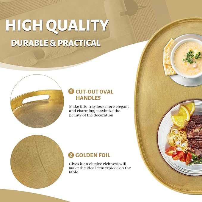 MAONAME Gold Decorative Tray with Handles, Foil Serving Tray for Ottoman, Oval Coffee Table Trays for Living Room, Bathroom, 15.6" L x 10.6" W x 1.4" H
