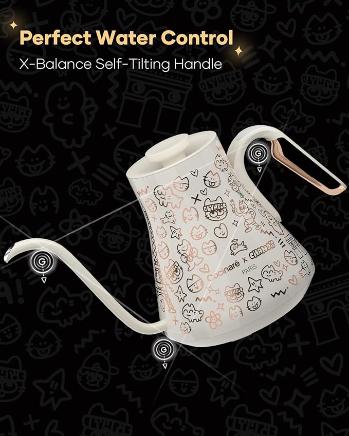 Cocinare Collab Collection Chanior White Gooseneck Electric Kettle, ±0.5℉ Precise Temperature Control for Pour-Over Coffee & Tea, Quick Heating 1500W, Stainless Steel Interior, 0.9L