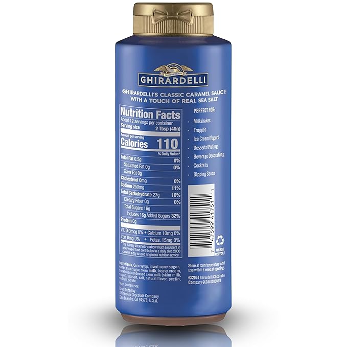 Ghirardelli Sea Salt Caramel Flavored Sauce Squeeze Bottles | 16 oz (Pack of 2) | Sweet and Salty Caramel Dessert Topping for Coffee Drinks, Ice Cream, and Baking Recipes