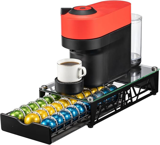 ZCDCP Pod Holder - Modern Sleek Black Metal Capsule Organizer for Nespresso Pod Storage Glass Top, Stylish Coffee Machine Stand for Coffee Bar, Office or Home Kitchen(30 Pods Capacity)