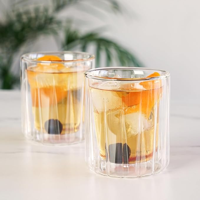 Viski Double Walled Rocks Glasses - Insulated Whiskey Tumblers with Cut Crystal Design - Dishwasher Safe 10.5oz Set of 2