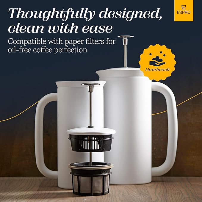 ESPRO P7 French Press Stainless Steel 304 – Patented Double Walled Micro-Filter Insulated French Press Coffee Maker, Grit-Free Brew - Heat Resistant BPA Free - Matte White (18oz)
