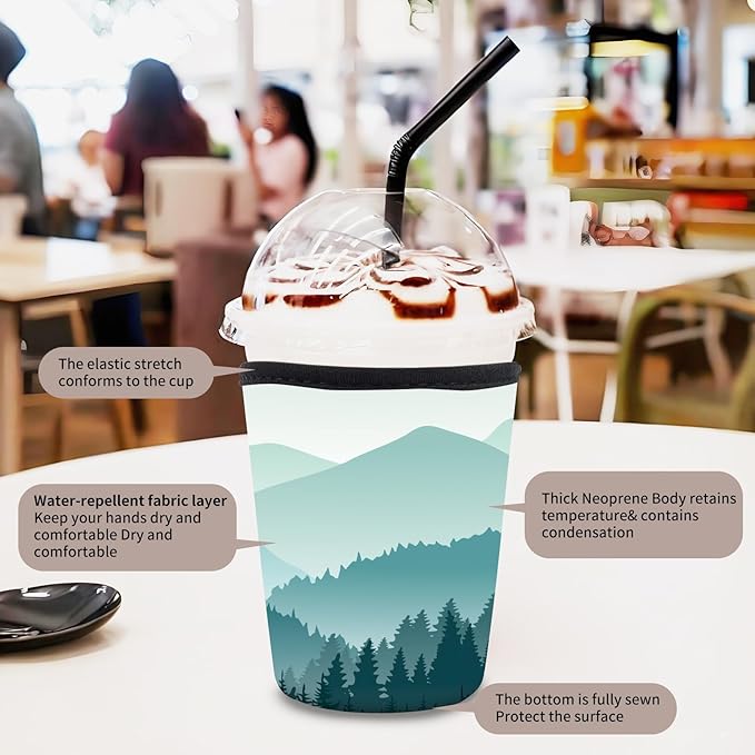 3 Pack Reusable Neoprene Insulator Sleeve for Iced Coffee Cups, Funny Coffee Cup Sleeves for 16-32oz Coffee cups, Cute Drink Sleeve for Cold Hot Beverages Cute Green Mountain