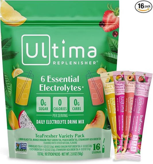 Ultima Replenisher Electrolyte Powder & Instant Tea Drink Mix – TeaFresher Variety, 16 Stickpacks – Sugar Free Electrolytes Hydration Packets with Fruit & Tea Fusions – Plant Based & Keto Friendly