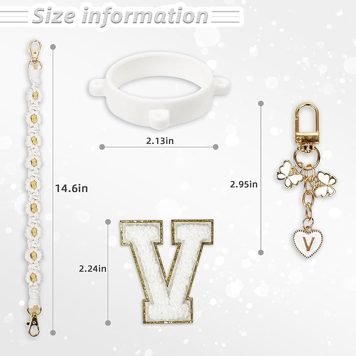 Compatible with Owala Water Bottle Accessories, Cute Letter Charm Set with Boho Handle Strap, Monogram Sticker, Silicone Ring, Keychain Decoration, for FreeSip 24 32 40oz, Owala Kids, Tumbler Gift