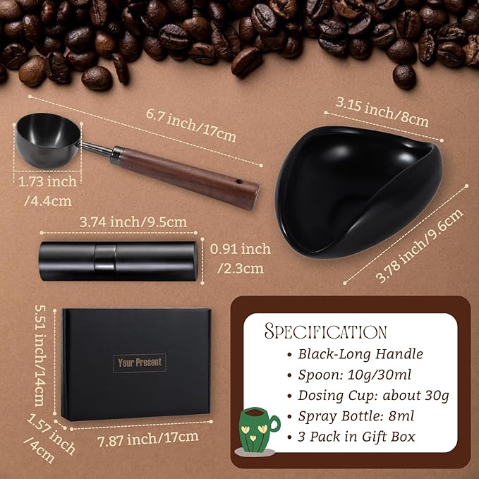 3pcs Coffee Bean Dosing Cup Set with Gift Box, Dosing Ceramic Cups Stainless Steel Spoon Portable Spray Bottle Static Reduction Precise Measuring for Espresso Tea Coffee Bar Accessories Kit