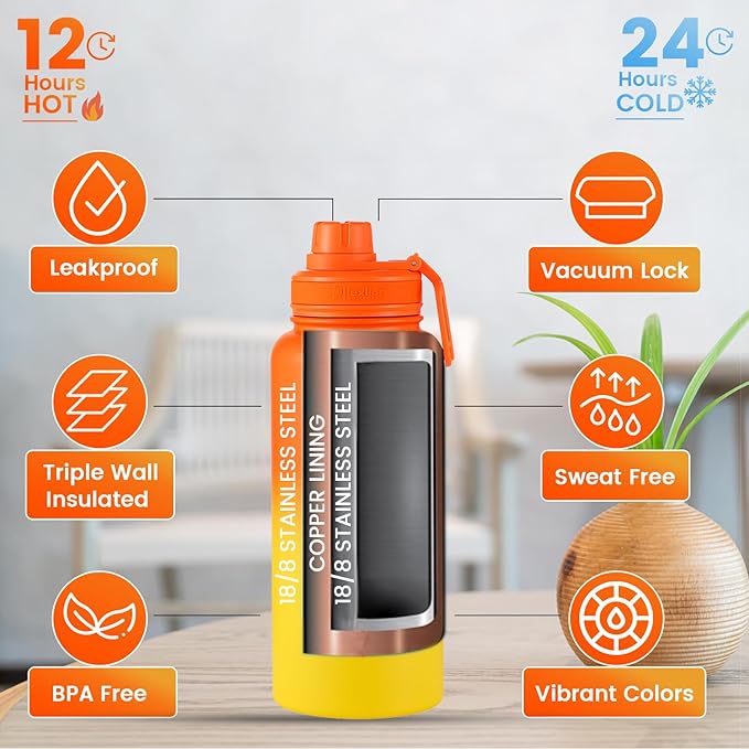 Lexlion Tea Infuser Water Bottle 32 Oz – Triple Wall Insulated Stainless Steel, Loose Leaf & Fruit Strainer, 3 Leakproof Lids, BPA-Free Silicone Sleeve, Reusable Thermal Mug