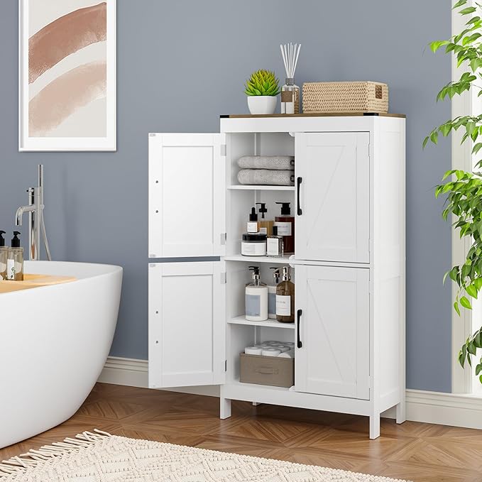Bathroom Floor Storage Cabinet,Modern Bathroom Cabinet,Adjustable Shelves Freestanding Kitchen Pantry Bathroom Organizers and Storage,4 Doors(23.63L x 11.8W x 43.3H inch)