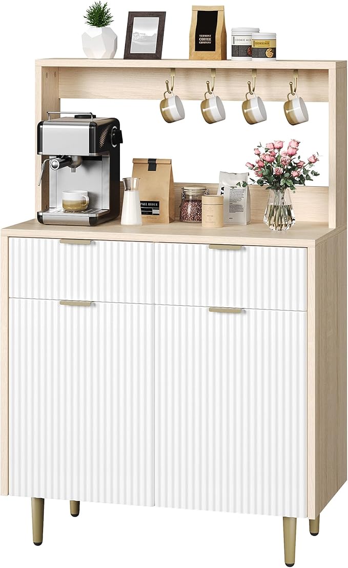 GarveeHome Fluted Sideboard Buffet Cabinet with Storage, Small Modern Coffee Bar Cabinet with Adjustable Shelves & 2 Drawers, Wood Buffet Console Table for Kitchen Dining Room Living Room