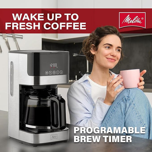 Melitta Aroma Tocco Glass 10-Cup Drip Coffee Maker, Automatic and Programmable, 96oz Capacity with 5-Pack Coffee Filters | Black